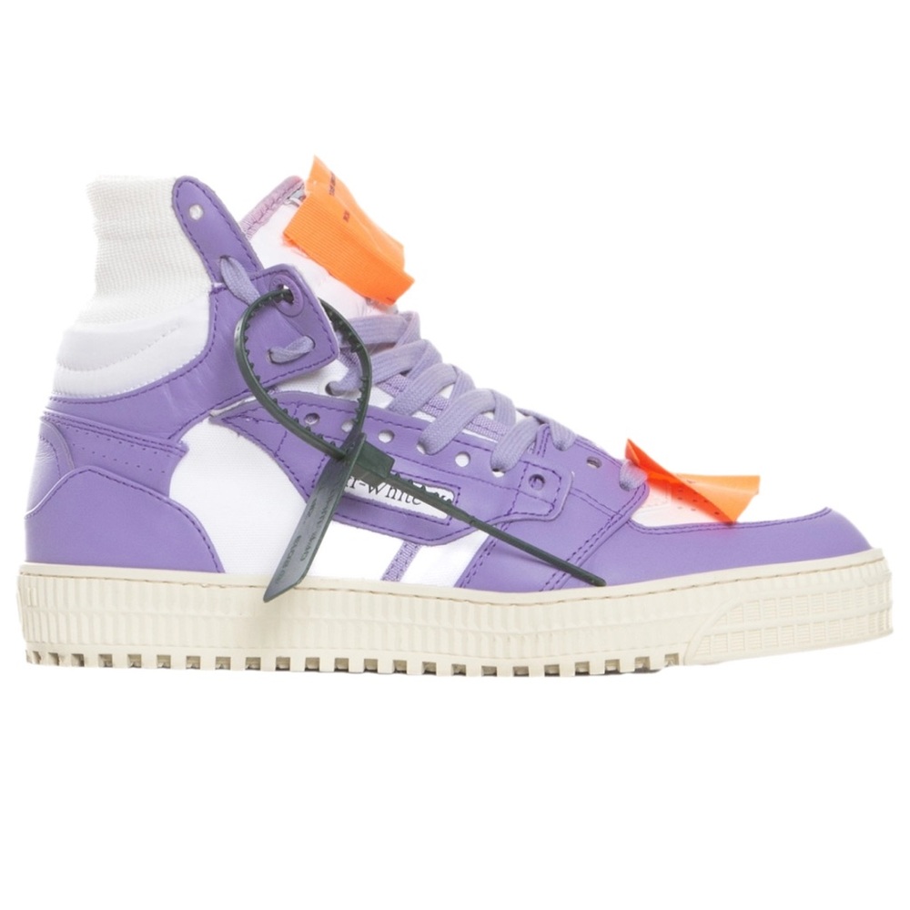 Off white sneakers in purple and white leather.  Minor wear, great condition.